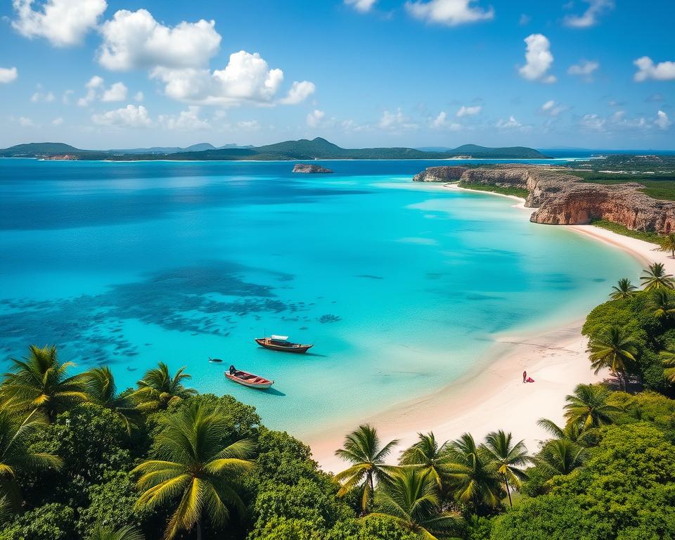 Aerial view of Bahía de Cochinos (Bay of Pigs) in Cuba, showcasing its striking turquoise waters and pristine sandy beaches. In the foreground, lush green mangroves and palm trees frame the shoreline, while small fishing boats gently bob on the surface. The middle ground displays the bay's rich marine life, with schools of fish visible in the clear water. The background reveals rugged cliffs and distant rolling hills under a vibrant blue sky, dotted with soft white clouds. The lighting should be bright and sunny, accentuating the natural beauty of the landscape. This scene conveys a peaceful yet historically significant atmosphere, illustrating the geographical importance and strategic location of the bay.