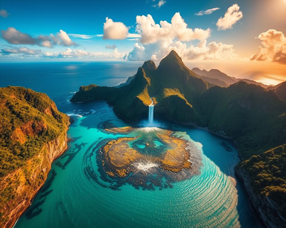 Aerial view of Le Morne, Mauritius, showcasing the breathtaking underwater waterfall illusion. In the foreground, lush green cliffs frame the image, with vibrant turquoise waters swirling around them. The middle ground features the shimmering waterfall effect created by the sediment in the water, appearing ethereal and captivating. In the background, a stunning blue sky with soft, fluffy clouds stretches above, illuminated by golden sunlight, casting gentle reflections on the water below. The scene captures the majesty and beauty of this natural wonder from a bird's-eye perspective, evoking a sense of adventure and tranquility. Ideal for illustrating the thrill of exploring this unique destination by helicopter or drone.