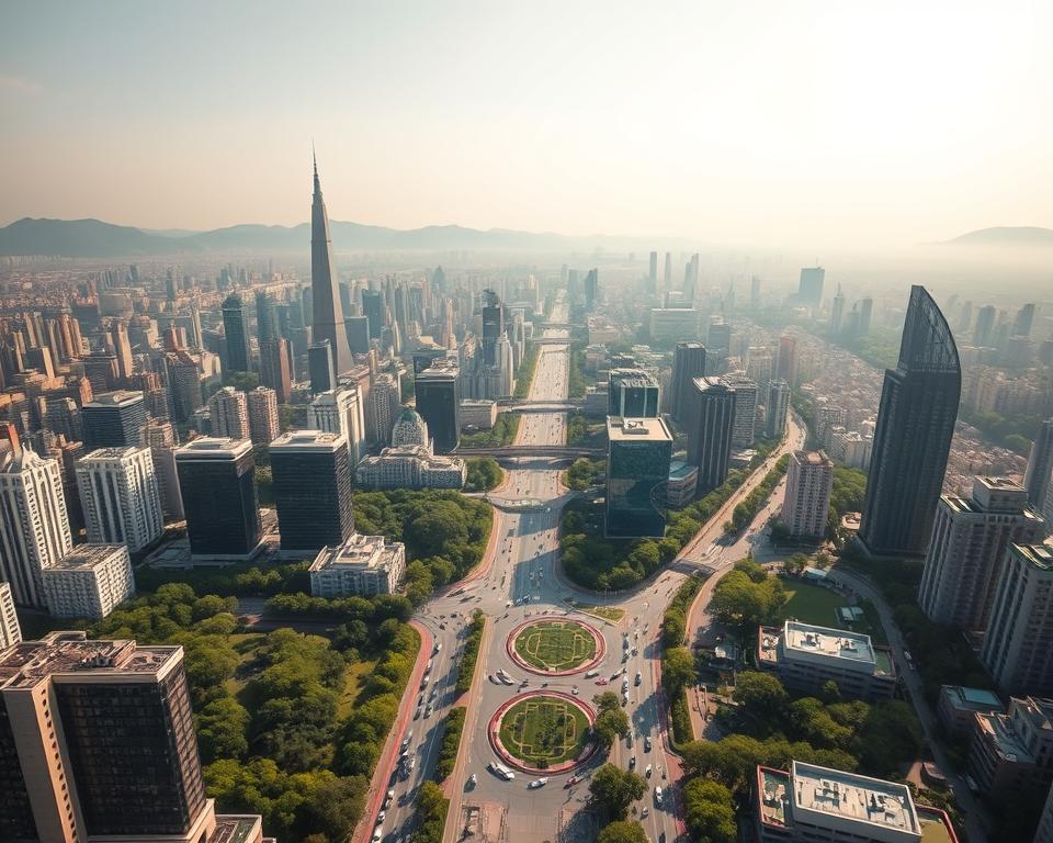 Aerial view of the vast urban landscape of China, showcasing a mix of towering skyscrapers and sprawling residential areas. In the foreground, focus on modern architectural marvels, with green parks interspersed amidst concrete. The middle ground reveals busy streets filled with cars, bicycles, and pedestrians in professional attire, emphasizing urban life. In the background, distant mountains add a natural contrast to the urban setting, shrouded in soft, hazy lighting that invokes a sense of tranquility. The scene should capture a dynamic yet harmonious atmosphere, highlighting the immense scale of China's largest city. Utilize a wide-angle lens to enhance depth, with warm sunlight casting soft shadows, creating an inviting mood. No text or markings should be included.