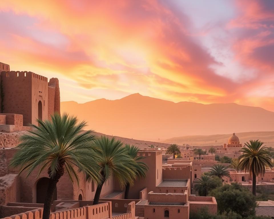 Ait Ben Haddou, a historic Moroccan kasbah, bathed in the warm glow of golden hour sunlight. In the foreground, the intricate adobe architecture of the kasbah stands out, showcasing its towering walls and arched doorways. The middle ground features lush palm trees swaying gently in the breeze, reflecting the tranquil atmosphere of a late afternoon. In the background, the majestic Atlas Mountains rise under a vibrant sky painted in hues of orange and pink, creating a stunning backdrop. The scene conveys a sense of serenity and adventure, inviting viewers to imagine the perfect time to visit this enchanting location. Soft, diffused lighting enhances the textures of the mud brick and evokes a feeling of warmth and welcome. The image is captured with a wide-angle lens to encompass both the grandeur of the kasbah and the surrounding landscape.