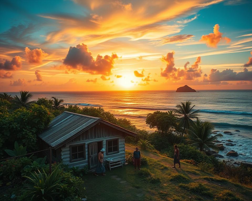 An idyllic island scene illustrating the contrast between romantic ideals and the reality of island life. In the foreground, feature a small rustic cottage surrounded by lush greenery and tropical flowers, representing the cozy aspect of island living. In the middle ground, include a small group of people dressed in modest casual clothing, engaged in various daily tasks such as fishing, gardening, or cooking, showcasing the practical, hardworking side of island life. The background should depict a serene ocean with gentle waves and distant islands under a vibrant sunset sky, casting warm, golden light across the landscape. The mood should evoke a sense of tranquility while subtly hinting at the challenges of maintaining a simple life far from urban conveniences. Use a wide-angle lens to capture the expansive scenery, with soft, natural lighting to enhance the serene atmosphere.