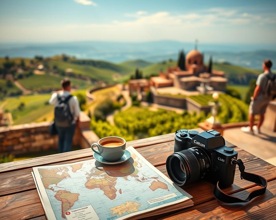 An inviting travel itinerary scene set in San Marino, showcasing a picturesque landscape. In the foreground, a stylish travel map and a camera are placed on a rustic wooden table, with a steaming cup of espresso beside them. The middle ground features historic architecture, including the Guaita, a medieval fortress, with tourists in casual attire admiring the view. The background reveals rolling hills dotted with vibrant green vineyards and cypress trees under a clear blue sky. The golden hour lighting casts a warm glow over the scene, enhancing the natural beauty. The atmosphere evokes a sense of wonder and adventure, perfect for a day trip or weekend getaway. A shallow depth of field highlights the travel details while maintaining a stunning panoramic view of San Marino’s charm.