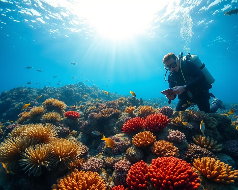 An underwater scene showcasing a vibrant coral reef in Bali, teeming with diverse marine life, including colorful fish and sea turtles. In the foreground, a professional diver in modest scuba gear examines a swath of corals, taking notes. In the middle ground, there is a variety of marine flora, adding depth and richness to the scene. The background features sun rays filtering through the water surface, creating a serene and inviting atmosphere. The image should capture the beauty of the underwater world while conveying a sense of exploration and planning, highlighting the idea of cost-efficient diving trips. Use natural lighting to enhance the vivid colors and visibility, aiming for a slightly wide-angle perspective to encompass the full depth of the scene.
