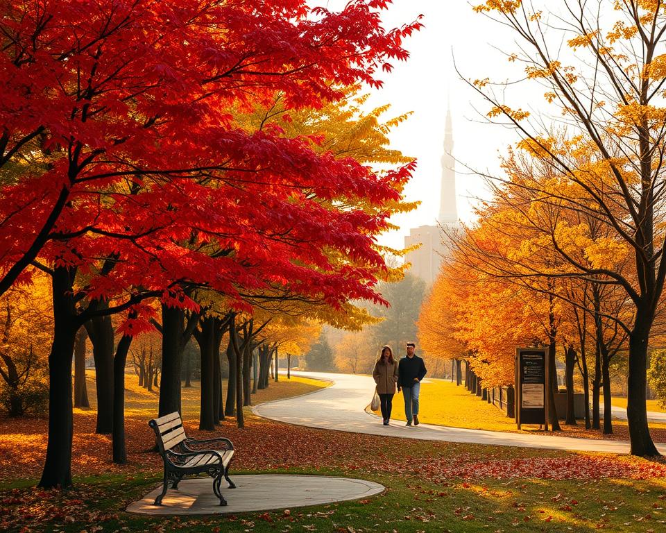 Autumn in Tokyo showcasing vibrant fall foliage. In the foreground, several maple and ginkgo trees with bright red and yellow leaves gently fluttering in a soft breeze. A peaceful park bench sits invitingly under the colorful canopy, surrounded by fallen leaves scattered on the ground. The middle ground features a winding path, where individuals, dressed in light layers and modest casual clothing, stroll leisurely, taking in the serene atmosphere. In the background, the iconic Tokyo skyline is visible, softened by a hazy golden hour glow, casting warm light across the scene. The overall mood is tranquil and inviting, reflecting the beauty of autumn in the city. The image should be framed to emphasize the depth of color in the foliage while maintaining a clear perspective of the skyline, achieving a harmonious balance between nature and urban life.