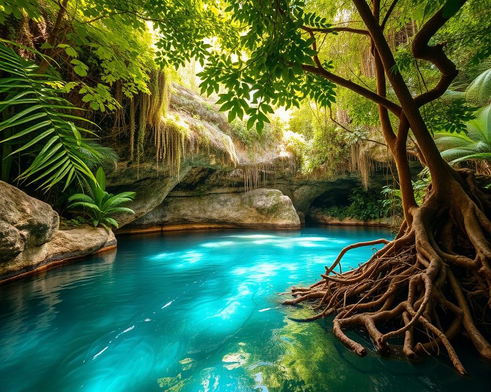 Beneath a lush, green canopy in the Yucatán Peninsula, a hidden cenote is revealed, surrounded by ancient stone formations and vibrant tropical plants. In the foreground, crystalline turquoise waters reflect dappled sunlight filtering through leaves, inviting exploration. The middle ground showcases unique limestone cliffs adorned with ferns and mosses, while ancient, tangled tree roots emerge at the water's edge. In the background, soft focus reveals the dense jungle, hinting at more hidden treasures beyond. The lighting is warm and inviting, evoking a sense of tranquility and discovery. The scene captures the mystique of a secluded cenote, untouched by the crowds, inviting adventurers to embrace nature's serenity. Shot with a wide-angle lens to capture the expansive beauty of this hidden oasis.