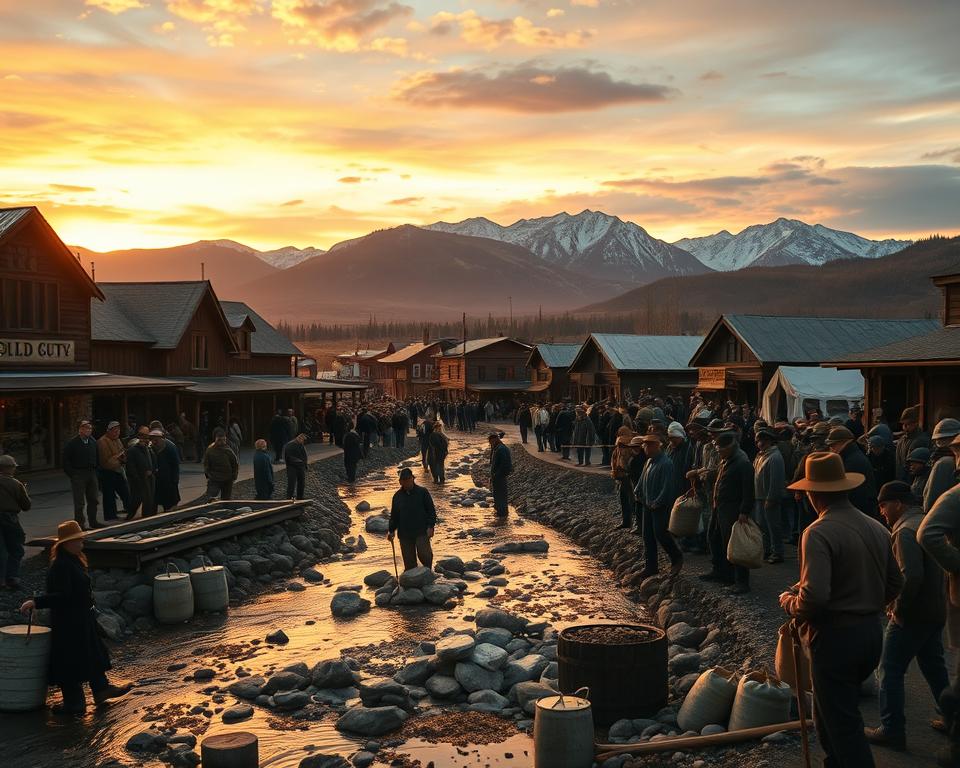 Dawson City during the Gold Rush era, bustling with activity. In the foreground, miners in period-appropriate clothing, some panning for gold in a river, others carrying tools and bags. The middle ground features wooden buildings with false fronts, a saloon, and tents filled with hopeful prospectors. The background includes scenic mountains under a vibrant sunset sky, casting warm golden light over the scene, reflecting the excitement and energy of the Gold Rush. Lens effect that gives a slightly blurred, nostalgic look, capturing both the chaos and the beauty of the town. The atmosphere is filled with determination, hope, and the spirit of adventure, evoking a sense of historical significance and community. No text, watermarks, or modern elements are present.