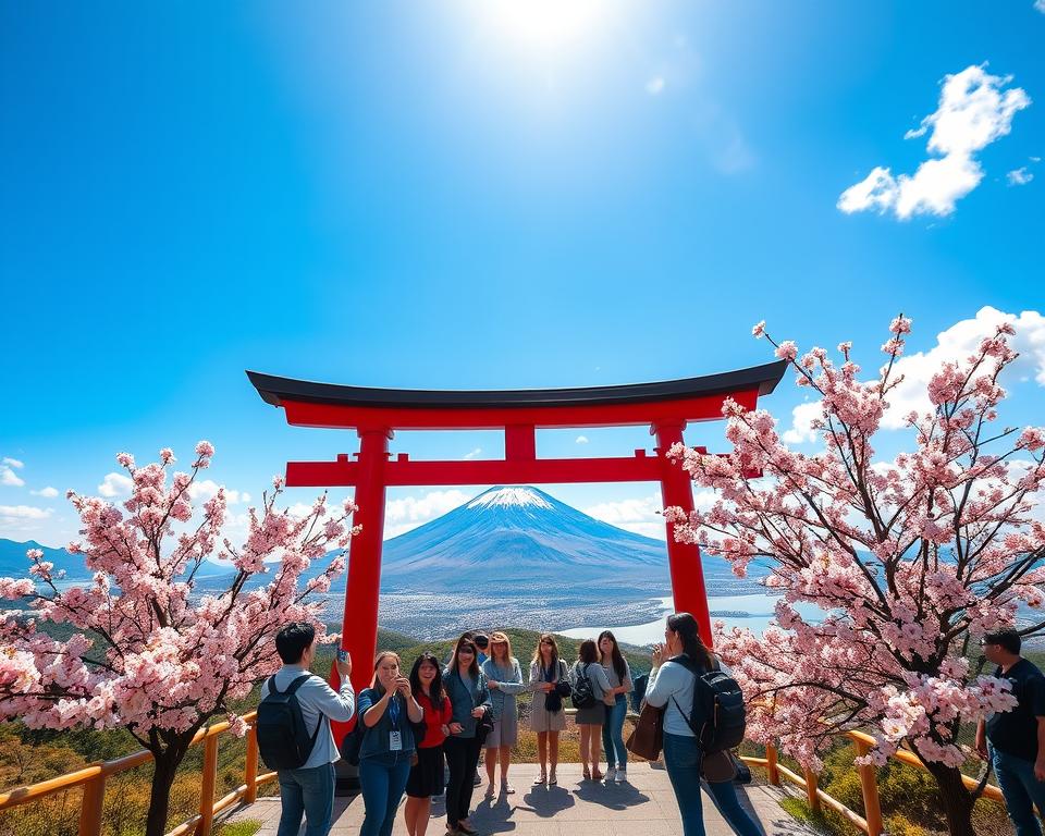 Foreground: A vibrant viewpoint showcasing a traditional Japanese torii gate surrounded by cherry blossoms in full bloom. Middle: Capture tourists dressed in casual attire taking photographs, their smiles reflecting the awe of the landscape. Background: The majestic Sakurajima volcano rises dramatically against a bright blue sky, with puffy white clouds drifting by. Incorporate distant mountains and the shimmering sea, indicating the island’s unique geography. Lighting: Soft, golden sunlight illuminating the scene, enhancing the colors of the blossoms and the volcanic landscape. Angle: A wide-angle shot to encompass both the natural beauty and the human experience of exploring this stunning location. Mood: A serene, joyful atmosphere that invites viewers to appreciate the beauty of Sakurajima.