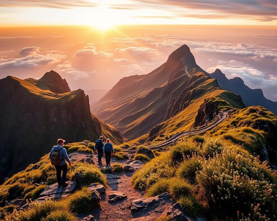 Gehzeit on Pico do Arieiro, Madeira, showcases a breathtaking mountain landscape during the golden hour. In the foreground, a winding trail leads hikers, dressed in modest outdoor clothing, surrounded by rocky terrain and vibrant green vegetation. In the middle ground, steep cliffs rise dramatically, dotted with wildflowers, leading the eye towards the majestic mountains. The background features the iconic Pico do Arieiro peak, its summit bathed in warm, soft sunlight, casting long shadows that enhance the depth of the scene. The sky is a rich blend of oranges and purples, indicating sunset, creating a serene yet adventurous atmosphere. The image captures the essence of hiking challenges, inviting viewers to appreciate the adventure and beauty of the experience in Madeira's rugged highlands.
