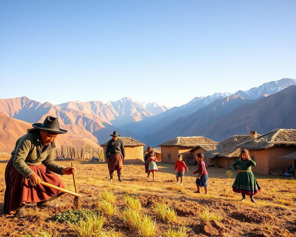 In a serene Andean village, a daily life scene unfolds in the foreground, featuring Inka men and women dressed in traditional, modest clothing, engaged in farming and weaving activities. One woman is skillfully planting crops, while a man uses a wooden tool to tend to the earth. In the middle ground, children play joyfully, their laughter echoing across the village, amid adobe homes topped with thatched roofs. The background showcases breathtaking Andes mountains, their peaks kissed by golden sunlight, and a clear blue sky above. The lighting is warm and soft, creating a tranquil atmosphere that reflects the richness of Inka culture and the harmony of their daily lives. A wide-angle perspective captures the whole scene, placing emphasis on community and connection to the land.