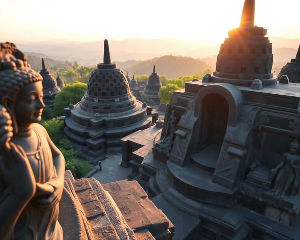 In a serene and richly detailed scene, showcase the intricate stone reliefs of the Borobudur Temple, featuring depictions of Buddhist narratives and teachings. In the foreground, focus on a close-up of the finely carved figures, highlighting their expressive faces and flowing garments. In the middle ground, display the iconic tiers of the temple, adorned with stupas and additional reliefs, set against lush greenery. In the background, capture the soft silhouette of distant hills under a warm, golden sunrise, casting gentle light that enhances the textures of the stone. The atmosphere should convey a sense of tranquility and reverence, inviting viewers to delve into the spiritual significance of these ancient artworks. Use a wide-angle lens to capture the grandeur and scale, with a focus on clarity and depth of field.