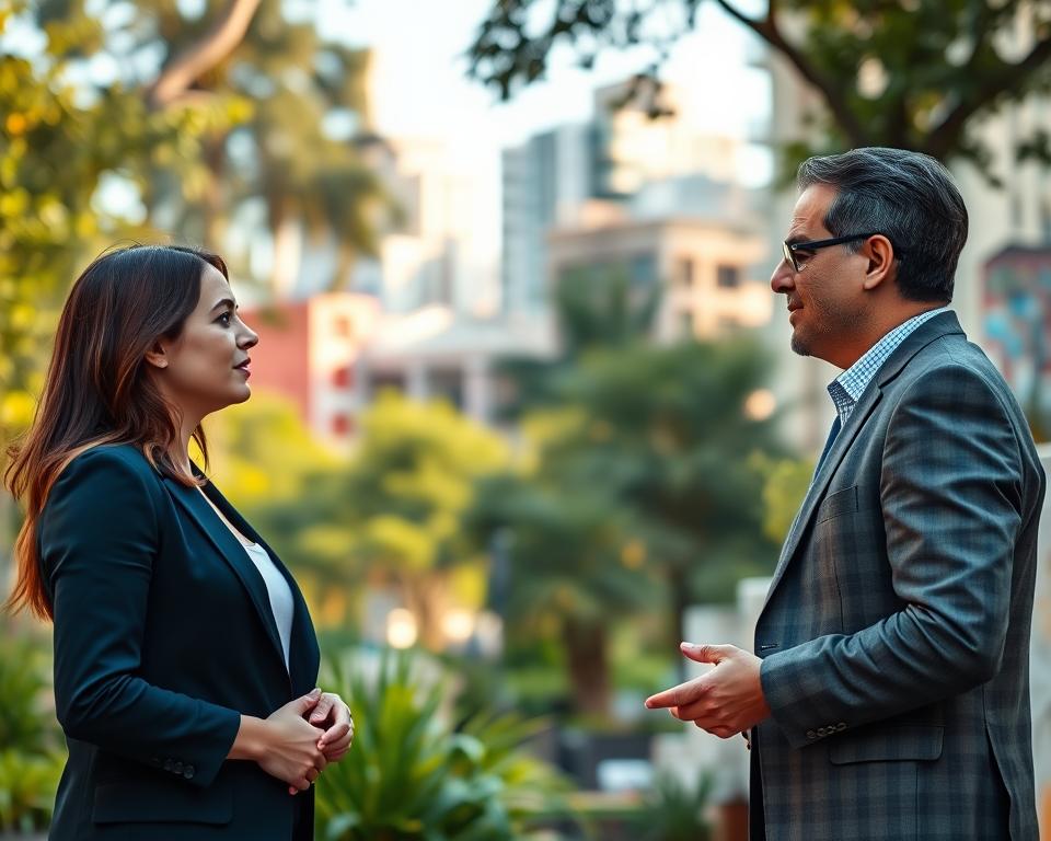 In a serene outdoor setting in Buenos Aires, depict a professional conversation between two individuals dressed in smart casual attire. In the foreground, focus on the two people engaged in a respectful dialogue, their body language conveying calmness and openness. The middle ground features lush greenery and urban elements, symbolizing the vibrant city life. In the background, include soft-focus iconic Buenos Aires architecture, like colorful buildings and street art. The scene should be illuminated by soft, warm sunlight, creating a harmonious and inviting atmosphere. Capture the essence of de-escalation and effective communication, emphasizing connection and intuition amidst a bustling environment. The image should evoke feelings of safety, understanding, and professionalism.