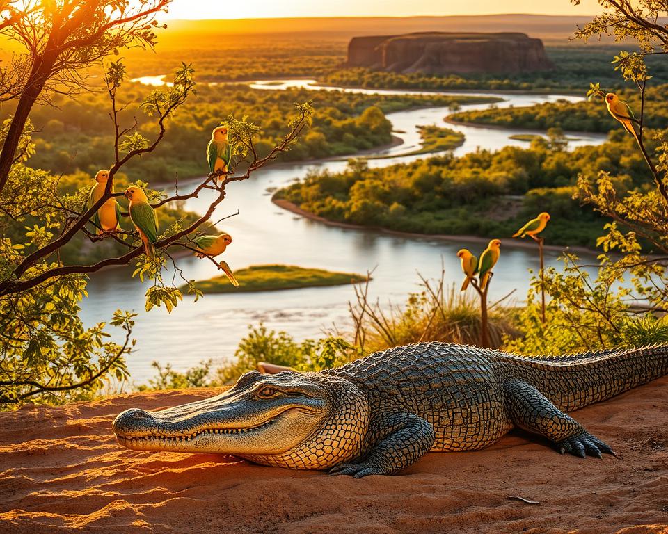 In a vibrant scene set in Kakadu National Park, showcase a large, sunbathing saltwater crocodile resting on a sandy riverbank in the foreground. Its rugged, textured skin glistens under the warm, golden sunlight filtering through the lush green foliage. In the middle ground, a flock of vividly colored cockatoos perch on branches, their feathers in bright yellows and whites, adding a lively splash of color. The background features a serene landscape of winding rivers and distant sandstone escarpments, enveloped in rich greenery, as the sun sets, casting a warm, ambient glow. The overall mood is tranquil yet alive with the sounds of nature, emphasizing the unique biodiversity of the Australian wilderness. Use a wide-angle lens to capture the expansive scenery.
