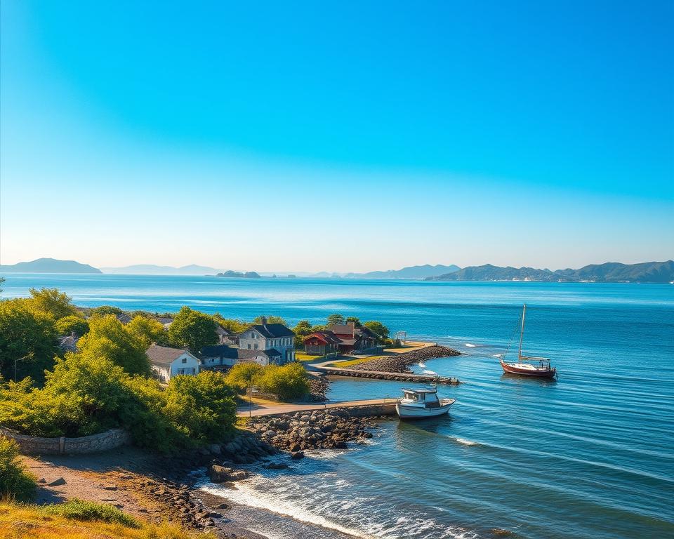 In the foreground, a serene view of Naoshima's art installations and vibrant greenery, with the sea gently lapping at the shore. In the middle ground, small traditional fishing boats are anchored near quaint village houses, showcasing the harmonious blend of nature and culture. The background features the picturesque Seto Inland Sea, dotted with the distant islands of Teshima and Inujima, under a clear blue sky. Soft, golden sunlight casts warm reflections on the water's surface, enhancing the tranquil atmosphere. Use a wide-angle lens to capture the grandeur of the landscape, emphasizing the lushness of Naoshima's environment in an inviting and peaceful setting. The overall mood is one of exploration and artistic discovery, embodying the serene charm of Japan’s islands.