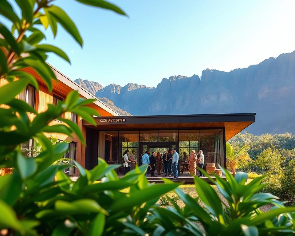 Loh Liang Besucherzentrum within the Komodo National Park, showcasing a modern architectural structure with wooden accents and large glass windows. In the foreground, lush tropical vegetation with vibrant green leaves, framing the center. The middle ground features the visitor center, with a small group of tourists in professional casual attire engaged in conversation, appreciating the surroundings. The background reveals a mountainous landscape with dramatic cliffs and a clear blue sky, adding depth to the scene. Soft, natural lighting creates a warm, inviting atmosphere, evoking the sense of adventure. The angle is slightly elevated, capturing both the architecture and the breathtaking surroundings seamlessly, with focus on the harmony between nature and design. Loh Liang Besucherzentrum within the Komodo National Park, showcasing a modern architectural structure with wooden accents and large glass windows. In the foreground, lush tropical vegetation with vibrant green leaves, framing the center. The middle ground features the visitor center, with a small group of tourists in professional casual attire engaged in conversation, appreciating the surroundings. The background reveals a mountainous landscape with dramatic cliffs and a clear blue sky, adding depth to the scene. Soft, natural lighting creates a warm, inviting atmosphere, evoking the sense of adventure. The angle is slightly elevated, capturing both the architecture and the breathtaking surroundings seamlessly, with focus on the harmony between nature and design.