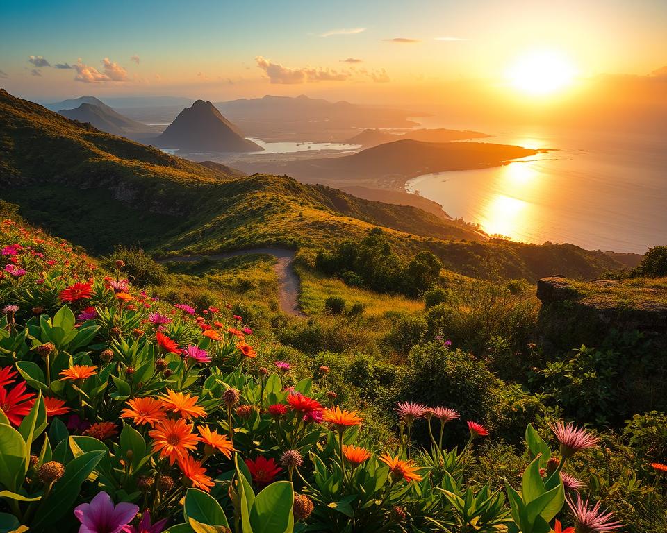 Lush green hills and rugged landscapes of Komodo National Park in Indonesia, showcasing the vibrant and diverse flora unique to the region. In the foreground, a variety of tropical plants and flowers bloom, their colors vivid against the natural backdrop. The middle ground features a winding trail leading to the iconic dry savannahs, with the occasional Komodo dragon lazily basking in the sunlight, reflecting the park's wildlife. In the background, a warm, golden sunset casts soft light over the distant mountains and the coastline, creating a tranquil atmosphere. The scene is captured with a wide-angle lens to enhance the depth of field, emphasizing the richness of the environment while evoking a sense of adventure and serenity. The overall mood is peaceful, inviting visitors to explore the stunning natural beauty of the park. Lush green hills and rugged landscapes of Komodo National Park in Indonesia, showcasing the vibrant and diverse flora unique to the region. In the foreground, a variety of tropical plants and flowers bloom, their colors vivid against the natural backdrop. The middle ground features a winding trail leading to the iconic dry savannahs, with the occasional Komodo dragon lazily basking in the sunlight, reflecting the park's wildlife. In the background, a warm, golden sunset casts soft light over the distant mountains and the coastline, creating a tranquil atmosphere. The scene is captured with a wide-angle lens to enhance the depth of field, emphasizing the richness of the environment while evoking a sense of adventure and serenity. The overall mood is peaceful, inviting visitors to explore the stunning natural beauty of the park.