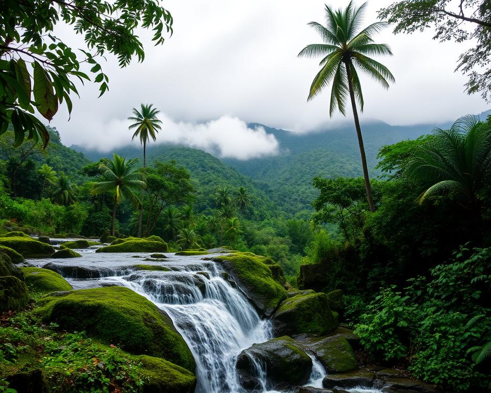 Lush green landscape of the Western Ghats during monsoon in Kerala, India. In the foreground, a cascading waterfall tumbles over moss-covered rocks, surrounded by vibrant foliage. The middle ground features dense, verdant rainforests, with layers of palm trees and towering rubber trees, glistening with raindrops. In the background, mist rolls over rolling hills, creating a sense of depth. Soft, diffused lighting filters through the clouds, casting a gentle glow on the scene. The atmosphere is serene and rejuvenating, capturing the essence of monsoon. The angle is slightly tilted upwards to emphasize the heights of the mountains, inviting the viewer into this tranquil paradise. No people or text present, ensuring focus remains on the natural beauty.