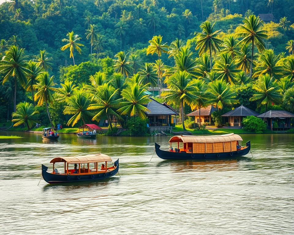Lush green landscapes of Kerala's backwaters with intertwined tranquil lagoons and meandering canals. In the foreground, a traditional wooden houseboat glides smoothly through clear waters, showcasing its elegant design. The middle ground features vibrant palm trees swaying gently in the breeze, while small fishing boats are anchored nearby, highlighting local life. The background reveals a picturesque village with thatched-roof houses nestled among verdant foliage. Soft, golden sunlight filters through the trees, casting warm reflections on the water, creating a serene atmosphere. Capture this scene from a slightly elevated angle to emphasize the expansive waterways and lush surroundings. The mood should evoke tranquility and a sense of escape into nature's beauty.