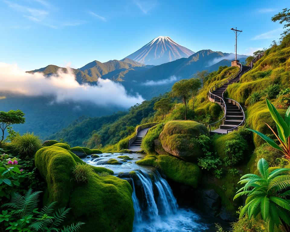 Lush green mountains of Doi Inthanon National Park rise majestically, showcasing Thailand's highest peak in the background, bathed in soft morning light. In the foreground, a serene waterfall cascades over moss-covered rocks, surrounded by vibrant tropical vegetation like wild orchids and ferns, creating a tranquil atmosphere. The mid-ground features a winding hiking trail leading to the summit, inviting adventure. Mist gently envelops the landscape, enhancing the mystical vibe of the scene. Capture this enchanting environment with a wide-angle lens to emphasize depth and detail, while maintaining vibrant colors and clear blue skies above. Overall, the mood should evoke a sense of peace and natural beauty, perfect for showcasing the wonders of Thailand's natural heritage. Lush green mountains of Doi Inthanon National Park rise majestically, showcasing Thailand's highest peak in the background, bathed in soft morning light. In the foreground, a serene waterfall cascades over moss-covered rocks, surrounded by vibrant tropical vegetation like wild orchids and ferns, creating a tranquil atmosphere. The mid-ground features a winding hiking trail leading to the summit, inviting adventure. Mist gently envelops the landscape, enhancing the mystical vibe of the scene. Capture this enchanting environment with a wide-angle lens to emphasize depth and detail, while maintaining vibrant colors and clear blue skies above. Overall, the mood should evoke a sense of peace and natural beauty, perfect for showcasing the wonders of Thailand's natural heritage.