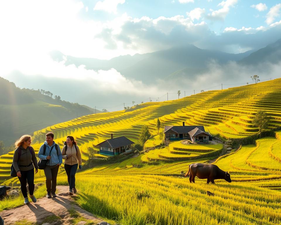 Lush green rice terraces cascade down misty hills in Sapa, Vietnam, showcasing an intricate patchwork of vibrant colors under soft, golden morning light. In the foreground, a group of trekkers in modest casual clothing walk along a narrow path, their excitement evident as they engage with local ethnic minority villagers in traditional attire, exchanging smiles. The middle ground features sturdy bamboo houses nestled among the terraces, with a traditional water buffalo grazing nearby. In the background, towering mountains rise dramatically into a partly cloudy sky, enveloped in light fog, creating an atmosphere of tranquility and adventure. The scene captures the rich culture and breathtaking natural beauty of Sapa, inviting viewers to explore this enchanting region.