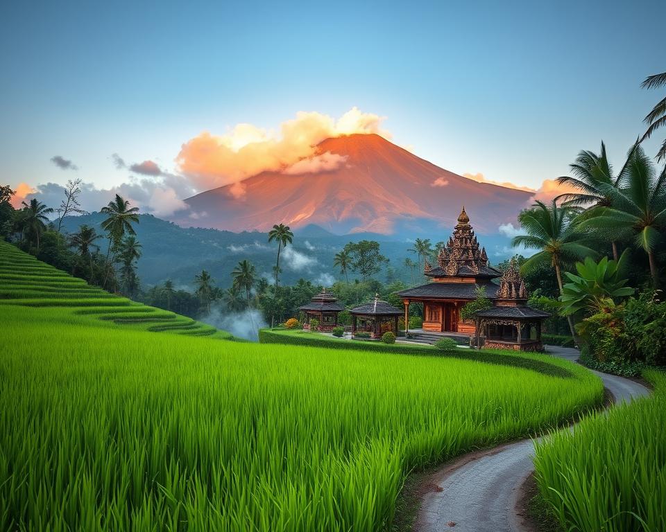 Lush green rice terraces in the foreground, with a winding path leading to the majestic Mount Agung, the highest volcano in Bali, rising prominently in the background. The mountain, partially shrouded in soft clouds, showcases its rugged peaks and deep valleys, bathed in the warm golden glow of a sunrise. In the middle ground, a serene traditional Balinese temple can be seen, embellished with intricate carvings and surrounded by vibrant tropical flora, adding cultural context. The scene conveys tranquility, suggesting the best time to visit is during the dry season when the skies are clear. The lighting is soft, enhancing the lush greens and earthy tones, while a slight mist adds depth and intrigue. The atmosphere is harmonious, embodying the serene beauty of Bali’s nature in a highly inviting composition.