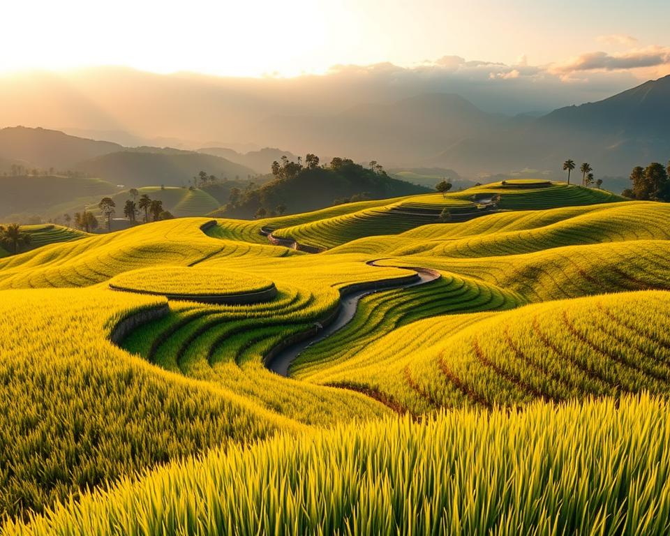 Lush green rice terraces of Jatiluwih, Bali, during the golden hour. In the foreground, a vibrant expanse of perfectly arranged rice fields, showcasing various shades of green and golden hues, symbolizing the rice growing cycles. In the mid-ground, a winding path leads through the terraces, allowing viewers to imagine walking through this serene landscape. The background features distant volcanic mountains partially shrouded in mist, illuminated by soft, warm sunlight. A slight breeze stirs the rice plants, creating gentle waves of movement. The overall mood is tranquil and inviting, evoking a sense of peace and connection with nature. Capture the scene with a wide-angle lens to emphasize the vastness and beauty of this UNESCO World Heritage site, while ensuring clear, crisp details in both the foreground and background.
