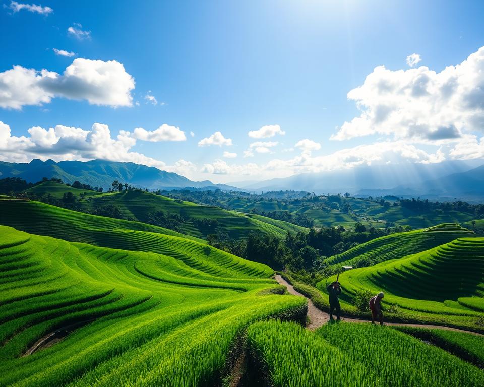 Lush green rice terraces of Jatiluwih, Bali, showcasing stunning panoramic views under a bright blue sky dotted with fluffy white clouds. In the foreground, vibrant green rice paddies elegantly tiered, reflecting the sunlight. The middle ground features a serene pathway winding through the fields with local farmers dressed in modest clothing tending to the rice, their silhouettes framed against the verdant landscape. In the background, majestic mountains rise against the horizon, shrouded slightly in mist, adding depth to the scene. Soft, natural lighting enhances the tranquility of the moment, captured from a slightly elevated angle to emphasize the vastness of the terraces. The atmosphere is peaceful and idyllic, perfect for showcasing the beauty of Bali’s natural landscapes.
