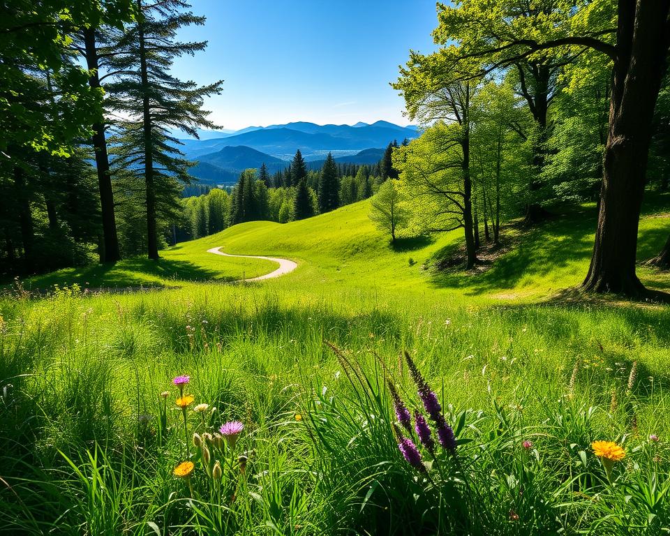 Lush greenery covers the gentle slopes of Sommerberg in Bad Wildbad, showcasing a vibrant, sunlit forest scene. In the foreground, wildflowers peek through the grass, while soft sunlight streams through the leaves, casting dappled shadows. The middle ground features a winding hiking trail that invites exploration, flanked by ancient trees of the Black Forest. In the background, the majestic outline of distant mountains rises against a clear blue sky, creating a perfect setting for nature enjoyment. Capture this scene with a warm, inviting atmosphere, using natural light to enhance the vibrant colors and textures. The lens should focus sharply on the flora while gently blurring the background to convey depth and serenity.