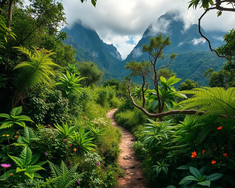 Lush greenery fills the foreground with diverse flora typical of the Anaga Mountains, including ferns, laurel trees, and small colorful flowers. In the middle ground, a winding, narrow trail leads deeper into the vibrant, dense forest, where curious birds perch on branches, and a glimpse of vivid butterflies flits by. The background features dramatic, mist-covered mountain peaks, partially obscured by swirling fog, capturing the grandeur of the rugged landscape. Soft, diffused sunlight gently filters through the foliage, creating dappled light patterns on the forest floor, evoking a serene and enchanting atmosphere. The image should have a warm color palette, emphasizing the richness of the plant life and the magical feel of exploration in nature.