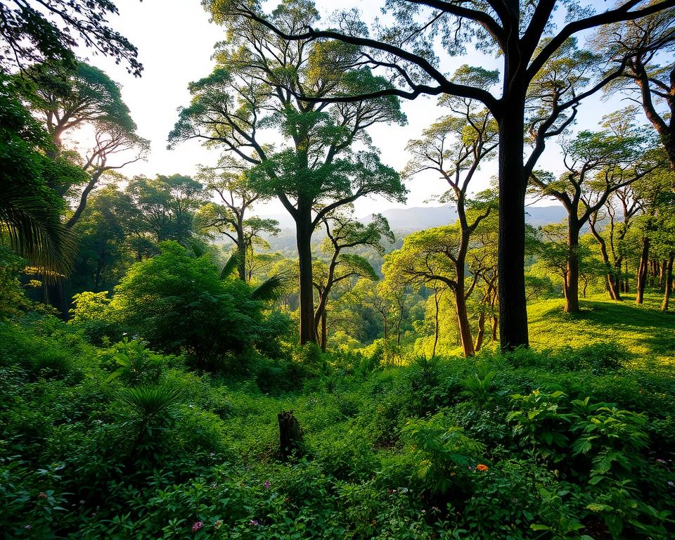 Lush sal forests in Chitwan National Park, Nepal, with dense foliage featuring tall Sal trees (Shorea robusta) dominating the landscape. In the foreground, a carpet of vibrant green undergrowth and scattered wildflowers. The middle ground showcases the majestic Sal trees, their broad canopies filtering soft dappled sunlight, creating a serene yet vibrant atmosphere. In the background, a hazy silhouette of distant hills blends with the clear blue sky, hinting at the rich biodiversity of the park. Use a warm, golden hour lighting to enhance the tranquil mood, shot with a wide-angle lens to capture the expansive beauty of the forest. The scene should evoke a sense of peace and connection to nature.
