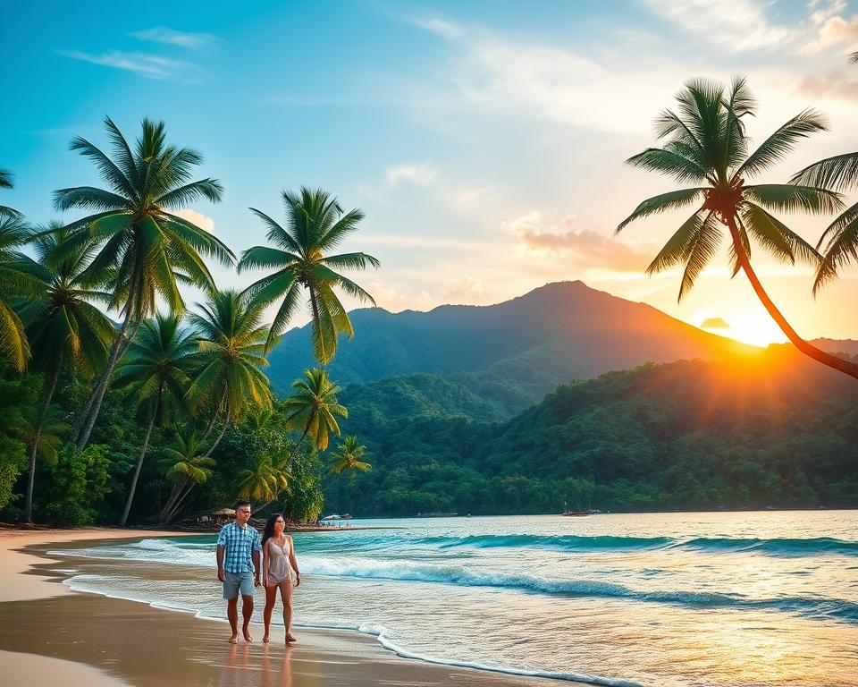 Lush tropical scenery of Langkawi Island during the best travel season, showcasing vibrant green palm trees and pristine sandy beaches under a clear blue sky. In the foreground, a serene beachfront with gentle waves lapping at the shore, and a couple casually dressed in light, breathable summer clothing enjoying a peaceful moment together. The middle ground features the stunning outline of hills with dense jungle, blending rich greens with hues of the ocean. In the background, a vivid sunset casts warm golden and pink tones across the sky, creating an inviting atmosphere. Soft, diffused sunlight illuminates the scene, enhancing the tranquil feel of this paradise island, capturing the essence of perfect weather conditions and ideal travel times for visitors.