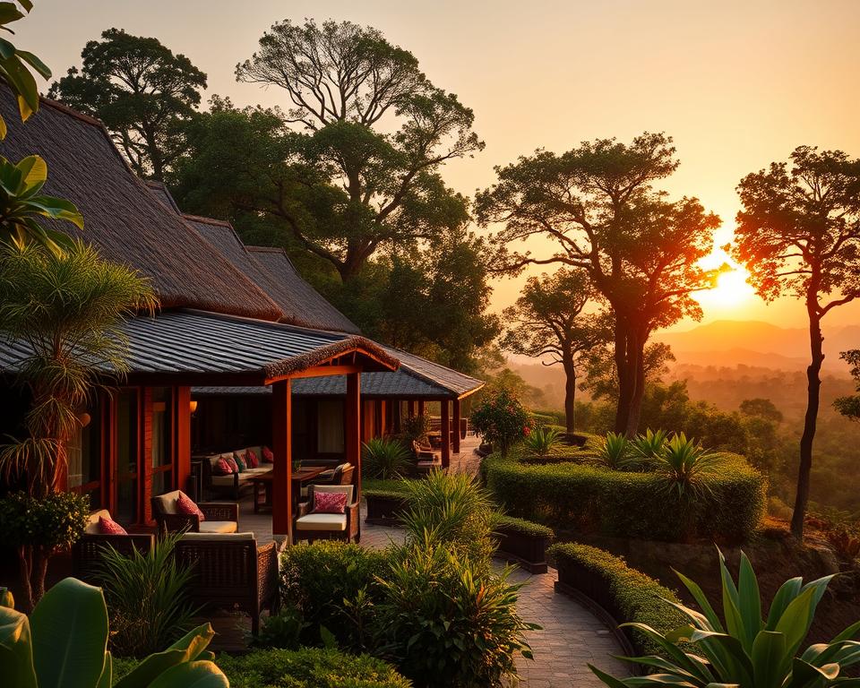 Luxurious lodges nestled in the lush greenery of Chitwan National Park, Nepal. In the foreground, a beautifully designed wooden lodge with a thatched roof features elegant outdoor seating areas adorned with colorful cushions. The middle ground showcases the vibrant jungle foliage, with exotic plants and towering trees surrounding the lodge, creating a serene escape. In the background, the silhouette of distant hills can be seen against a golden sunset sky, casting warm light over the scene. Capture the tranquil atmosphere with soft, diffused lighting and warm colors to evoke a sense of peace and luxury. A wide-angle lens perspective enhances the expansiveness of the landscape, emphasizing the integration of nature and comfortable accommodations. The overall mood is inviting and tranquil, reflecting the perfect getaway experience.