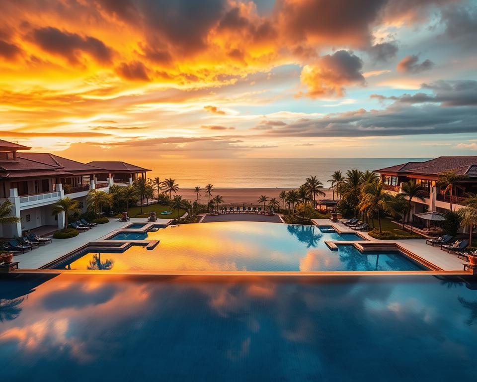 Luxurious resorts in Sanya, China, showcasing opulent beachfront villas surrounded by lush tropical gardens. In the foreground, elegantly designed infinity pools reflecting the vibrant sunset, with hint of serene beach loungers. The middle ground features stylish resort buildings with contemporary architecture and traditional Chinese elements, interspersed with palm trees. The background captures the distant golden sands of a pristine beach blending into the calm turquoise sea under a dramatic evening sky. Soft, warm lighting enhances the tranquil yet sophisticated atmosphere. The image should evoke a sense of relaxation and opulence, perfect for travelers seeking an indulgent getaway. Ensure no text or logos are included.