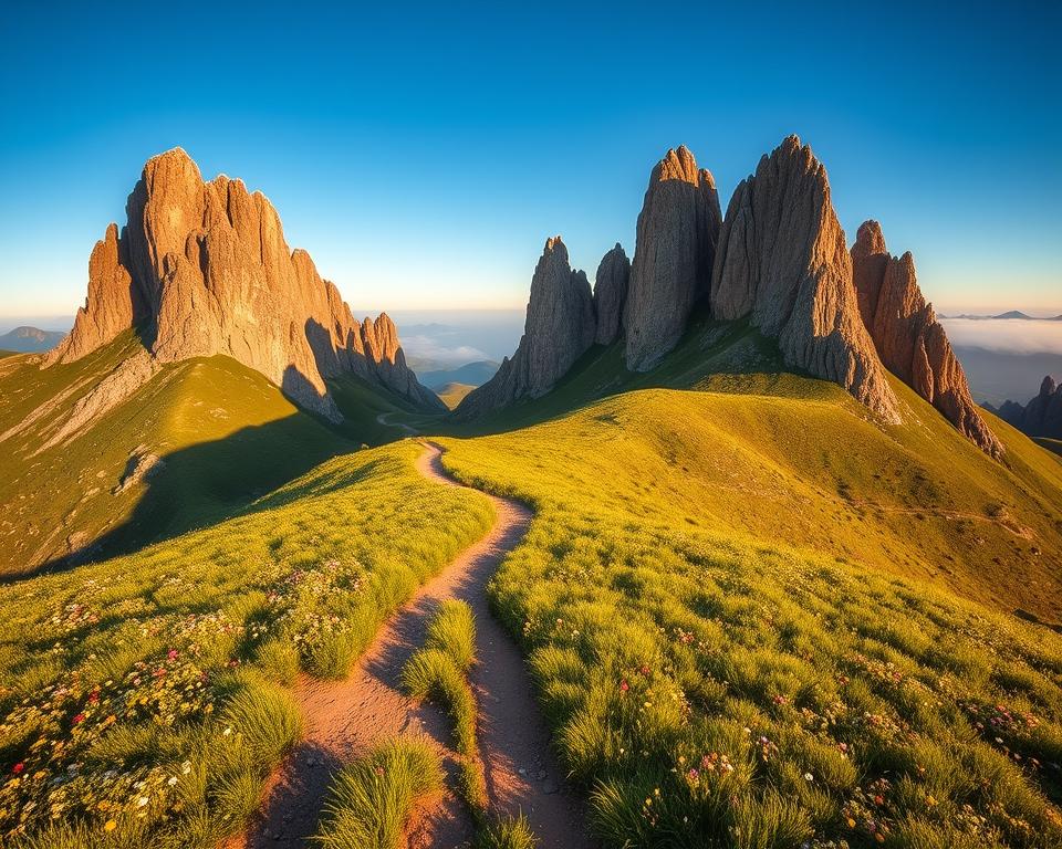 Majestic limestone formations of Pico Europa rise dramatically against a clear blue sky, showcasing their rugged textures and unique shapes. In the foreground, a carpet of lush green grass dotted with colorful wildflowers adds vibrancy to the scene. The middle ground features a winding dirt path that leads towards the towering cliffs, inviting exploration and adventure. In the background, softer rolling hills fade into a misty horizon, creating depth and atmospheric perspective. The warm golden light of the late afternoon sun casts long shadows and highlights the intricate patterns of the rock face, enhancing the natural beauty of the landscape. Shot with a wide-angle lens to capture the expansive scenery, this image conveys a sense of awe and tranquility found in the untouched wilderness of Pico Europa National Park, Spain.