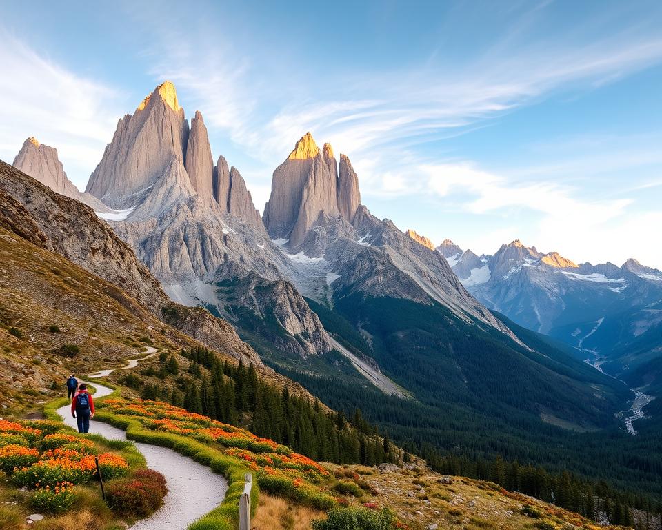 Majestic view of the O Circuit in Torres del Paine National Park, showcasing the rugged, dramatic peaks and valleys of Patagonia. In the foreground, a winding trail with a few hikers dressed in outdoor attire, capturing the adventurous spirit of the trek. The middle ground features wildflowers and dense lenga forests, creating vibrant colors amidst the rocky terrain. The towering granite formations, known as the Torres, dominate the background, bathed in golden sunlight as the late afternoon sky transitions to a soft blue with wispy clouds. The atmosphere should evoke a sense of grandeur and exploration, with natural shadows enhancing the textures of the mountains and trails. Use a wide-angle lens to capture the expansive landscape, emphasizing the majesty of the scenery.