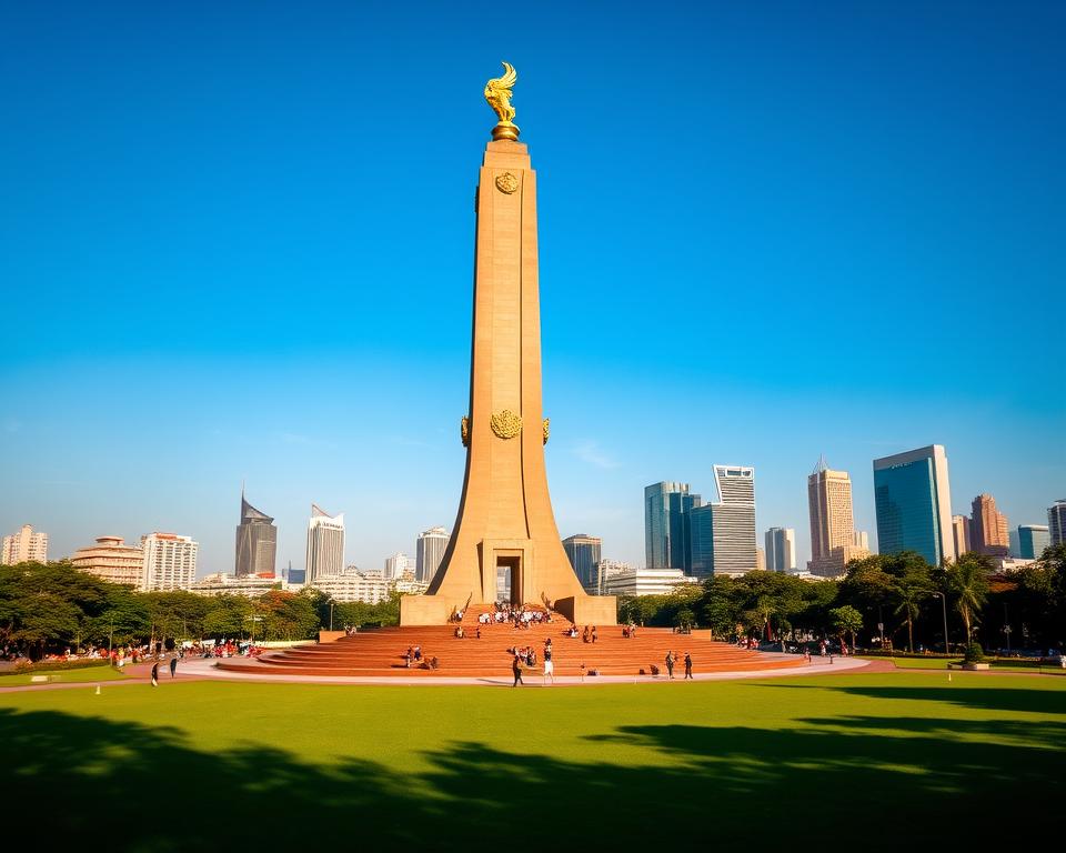 Monas Unabhängigkeit, Indonesia's iconic National Monument, stands tall in the foreground, adorned with its golden flame atop the central tower. In the middle ground, the lush green expanse of Merdeka Square stretches out, with scattered visitors enjoying the scenery. The background features a clear blue sky, casting warm sunlight over the vibrant cityscape of Jakarta with modern skyscrapers peeking through. Capture the scene from a slightly elevated angle to emphasize the monument's grandeur and the lively atmosphere of the square. Soft shadows add depth to the image, creating a serene yet dynamic ambiance, perfect for showcasing Jakarta's blend of liberation, history, and urban life.