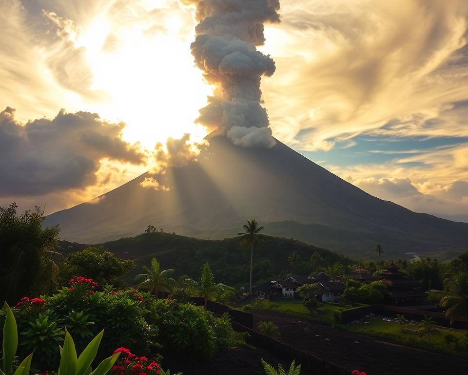 Mount Agung erupting majestically, showcasing a powerful volcanic explosion with ash and smoke billowing into the sky. In the foreground, a lush green landscape dotted with tropical trees and vibrant flowers contrasts with the dark volcanic rock. The middle ground features a picturesque village with traditional Balinese architecture, providing a sense of scale and human presence. In the background, the imposing silhouette of Mount Agung rises steeply, partially shrouded in swirling clouds. The scene is illuminated by dramatic, golden sunlight breaking through the clouds, creating a sense of awe and grandeur. The atmosphere is filled with tension and beauty, capturing the raw power of nature while highlighting the cultural significance of the volcano to the local community. The angle is slightly elevated to showcase the eruption and scenery below, reminiscent of a breathtaking landscape photograph.