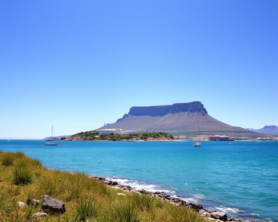 Robben Island as viewed from Cape Town, with the majestic Table Mountain in the background under a bright blue sky. In the foreground, lush grasses and rocky shoreline meet the turquoise waters of the Atlantic Ocean. A few small boats dot the sea, highlighting the island's isolation and history as a former prison. The mid-ground features the iconic white prison buildings, surrounded by scattered greenery that hints at the island's natural beauty. The atmosphere is serene and inviting, with soft sunlight illuminating the scene, casting gentle shadows. Capture this image with a wide-angle lens to include sweeping vistas, showcasing both the island's geography and its significance as a historical landmark.