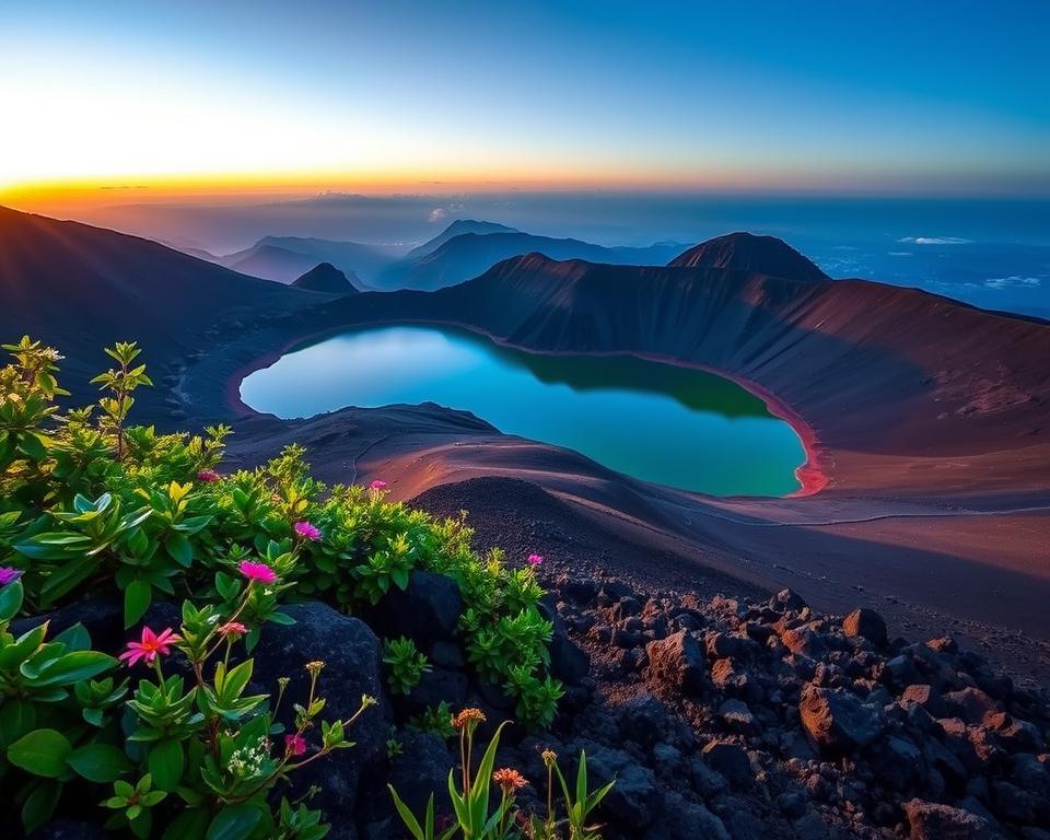 The Kelimutu volcano landscape at dawn, showcasing its iconic three colorful crater lakes: one deep blue, one green, and one red, nestled among rugged volcanic terrain. The foreground features lush green vegetation and flowering plants, creating a vibrant contrast against the volcanic rock. In the middle ground, the crater lakes shimmer under gentle morning light, reflecting the evolving colors of the sky as the sun rises, casting a warm golden hue. The background reveals distant mountains under a clear blue sky, enhancing the sense of vastness. The atmosphere is serene and mystical, evoking a sense of wonder and tranquility, perfect for illustrating the natural beauty of Flores Island. The image captures a wide-angle view, highlighting the unique geological formations while maintaining an inviting, peaceful ambiance.