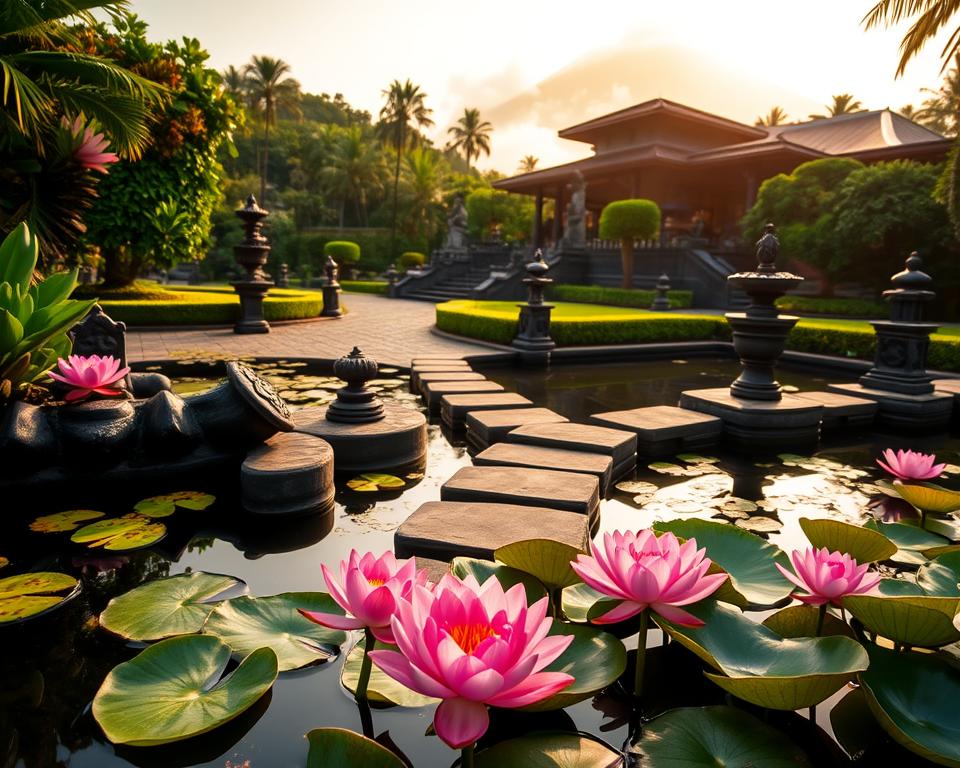 Tirta Gangga Wasserpalast in Bali, featuring tranquil water gardens, intricate stone sculptures, and lush tropical foliage. In the foreground, vibrant lotus flowers float on the water's surface, with decorative fountains and stepping stones creating a serene path. In the middle ground, traditional Balinese architecture with detailed carvings and ornate roofs can be seen, surrounded by neatly manicured greenery. The background showcases the majestic Mount Agung, shrouded in soft morning mist and bathed in warm golden sunlight, creating a peaceful and inviting atmosphere. The scene is captured from a low angle to emphasize the grandeur of the palace and the mountain, with a gentle, diffused light enhancing the natural beauty and tranquility of the site.