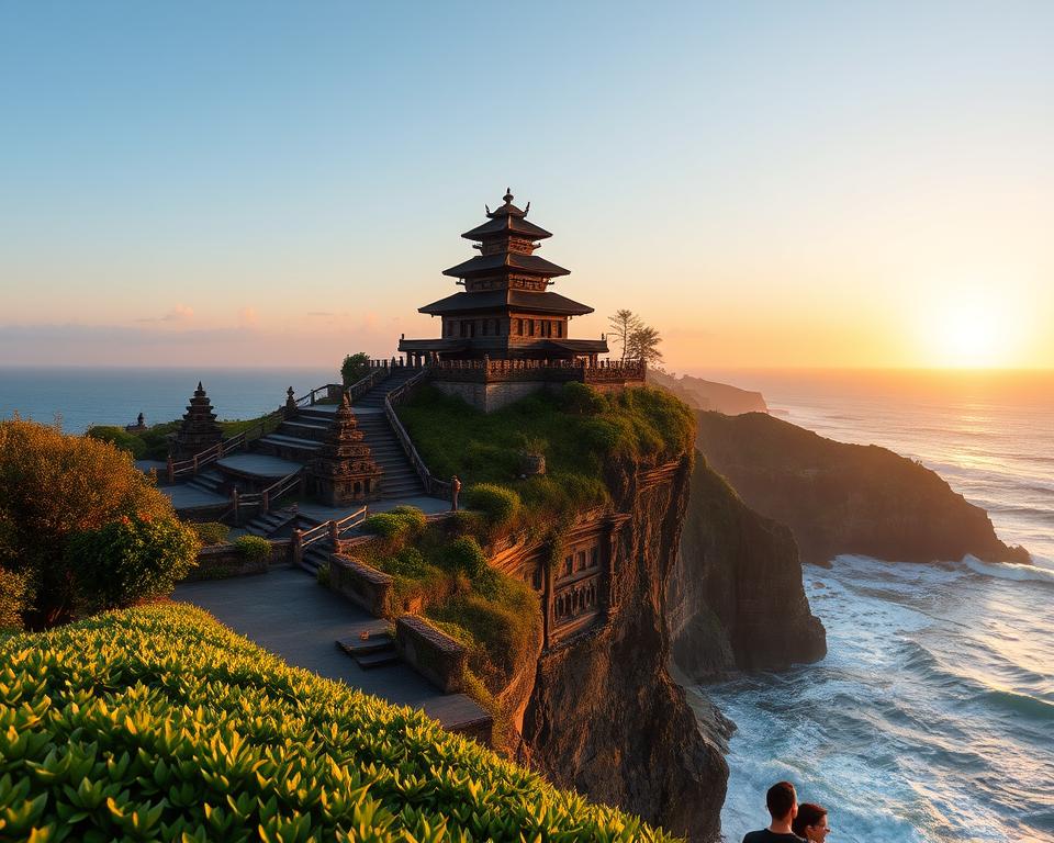 Uluwatu Temple perched on dramatic cliffs overlooking the Indian Ocean, showcasing traditional Balinese architecture with ornate carvings and intricate thatched roofs. In the foreground, lush greenery surrounds the base of the temple, while a few tourists in modest casual clothing explore the area, admiring the view. The middle ground features the temple itself, bathed in warm golden sunlight during the golden hour, accentuating its cultural significance. In the background, waves crash against the rocky coastline, creating a serene and peaceful atmosphere. The sky is painted with soft hues of orange and pink as the sun sets, casting a magical glow over the scene. Capture this breathtaking vista from a slightly elevated angle to emphasize the temple's grandeur against the vast ocean. Uluwatu Temple perched on dramatic cliffs overlooking the Indian Ocean, showcasing traditional Balinese architecture with ornate carvings and intricate thatched roofs. In the foreground, lush greenery surrounds the base of the temple, while a few tourists in modest casual clothing explore the area, admiring the view. The middle ground features the temple itself, bathed in warm golden sunlight during the golden hour, accentuating its cultural significance. In the background, waves crash against the rocky coastline, creating a serene and peaceful atmosphere. The sky is painted with soft hues of orange and pink as the sun sets, casting a magical glow over the scene. Capture this breathtaking vista from a slightly elevated angle to emphasize the temple's grandeur against the vast ocean.