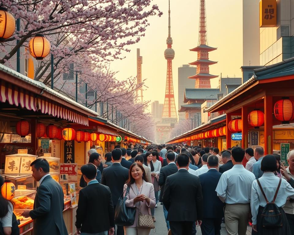 Vibrant Tokyo festival scene during cherry blossom season, showcasing a bustling street filled with people in professional business attire and modest casual clothing celebrating. In the foreground, colorful stalls are adorned with traditional Japanese decorations and food offerings. The middle ground features a lively crowd participating in a festival, lanterns hanging overhead, with cherry blossoms gently falling around them, reflecting a festive mood. The background highlights iconic Tokyo landmarks like Tokyo Tower and historic temples, bathed in warm, golden hour lighting, creating an inviting atmosphere. The image captures excitement and cultural richness, with a focus on the joyful interactions of festival-goers, shot from a slightly elevated angle to encompass the lively scene.