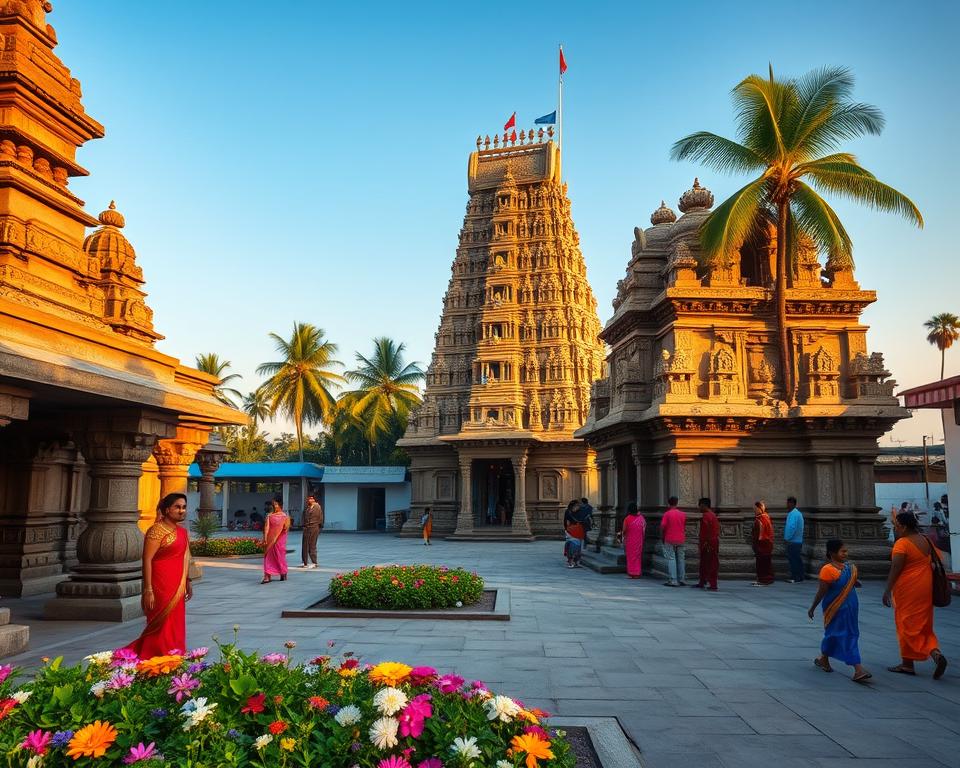 Vibrant scene capturing the essence of Tamil Nadu's temple towns, focusing on intricate stone temples with elaborate carvings set against a clear blue sky. In the foreground, a peaceful courtyard with colorful flowers and beautifully dressed locals in traditional attire, showcasing their culture. The middle ground highlights a majestic temple tower, or 'Gopuram', intricately detailed with vibrant sculptures and adorned with colorful flags. In the background, lush green palm trees and a hint of the coastal landscape can be seen, reflecting the region's diverse environment. The lighting is warm and inviting, suggesting either early morning or late afternoon, casting gentle shadows that enhance the textures of the architecture. The overall mood is serene and culturally rich, embodying the spirit of Tamil Nadu's heritage and traditions.