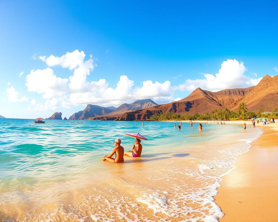 Vibrant scene depicting the water temperature of the Canary Islands, focusing on a serene beach setting. In the foreground, gentle waves lapping at the golden sandy shore, with transparent aqua waters showcasing crystal clarity. A pair of sunbathers in modest casual clothing relaxing under colorful umbrellas, enjoying the warm sun. In the middle ground, a group of families playing beach games, with children laughing and splashing in the shallow water. The background features dramatic volcanic cliffs and lush greenery, bathed in soft, golden sunlight, creating a tranquil atmosphere. A bright blue sky dotted with fluffy white clouds completes the coastal scene, emphasizing the inviting nature of the island. Shot with a wide-angle lens to capture the expansive beauty, conveying a sense of warmth and relaxation.