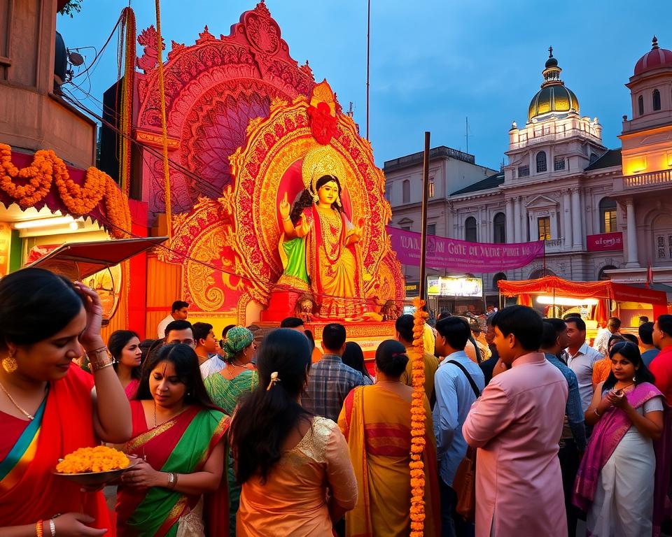 Vibrant scene of Kolkata's Durga Puja celebrations during Navratri, featuring a beautifully adorned Durga idol surrounded by intricately designed decorations, traditional marigold flowers, and colorful banners. In the foreground, devotees dressed in elegant traditional attire, such as sarees and kurtas, display expressions of devotion and joy, engaging in prayer and offering flowers. The middle ground showcases the bustling crowd, with stalls selling festive items and food, under warm, ambient lighting that enhances the celebratory atmosphere. In the background, the iconic architecture of Kolkata is illuminated at dusk, adding cultural context. The overall mood is one of reverence and festivity, capturing the essence of the nine nights of devotion.