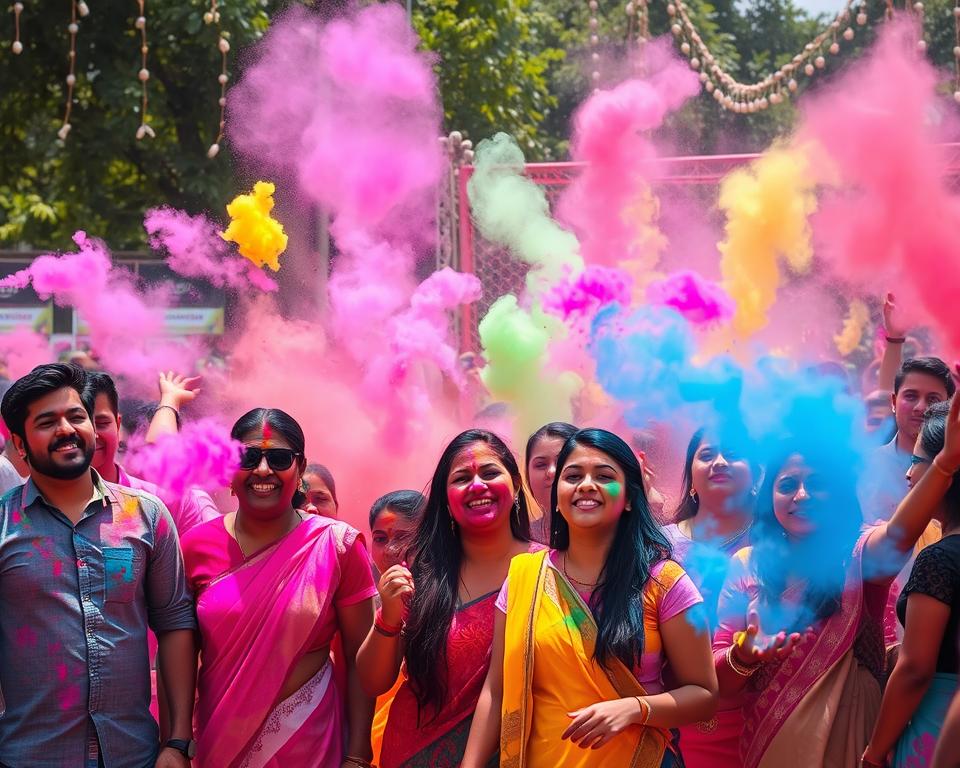 Vibrant scene of the Holi festival, showcasing people joyfully throwing colorful powders in the air. In the foreground, a diverse group of men and women of various ethnicities, dressed in traditional attire with colorful splashes, laughing and celebrating. The middle layer includes a range of bright, swirling colors – pinks, yellows, greens, and blues – filling the air, creating a lively atmosphere. The background features trees and a festive backdrop adorned with lights, symbolizing the spirit of joy and unity. The lighting is bright and cheerful, reflecting a sunny day, with sunlight filtering through the colorful dust clouds. The angle is slightly elevated, capturing the dynamic movement and excitement of the celebration, evoking a sense of togetherness and festivity.