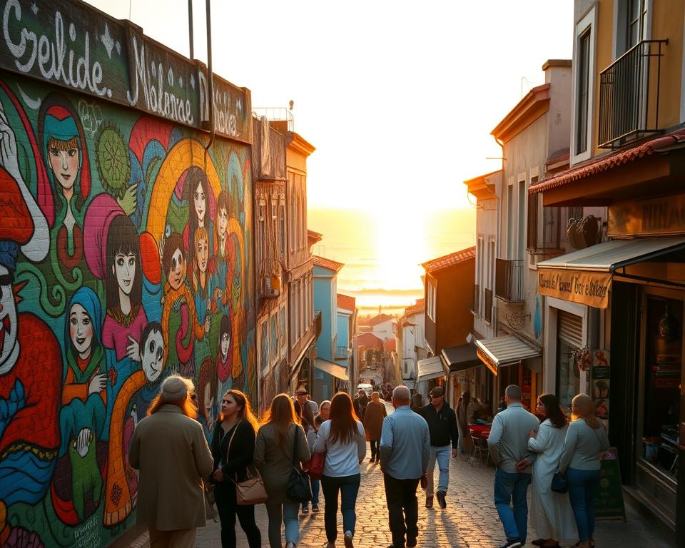 Vibrant street art scene in Valparaíso, Chile, showcasing a colorful mural filled with intricate designs and whimsical characters, enveloped by historic, weathered buildings. In the foreground, a group of people dressed in modest casual clothing admires the artwork, capturing the essence of local culture. The middle layer features a narrow cobblestone street, flanked by lively cafes and artisanal shops, each contributing to the urban charm. In the background, the Pacific Ocean glistens under a golden sunset, casting warm, inviting light across the scene. The overall atmosphere is one of creativity and vitality, inviting viewers to experience Valparaíso as a true open-air gallery. The angle should be slightly elevated, capturing the depth of the street and the vibrancy of the art.