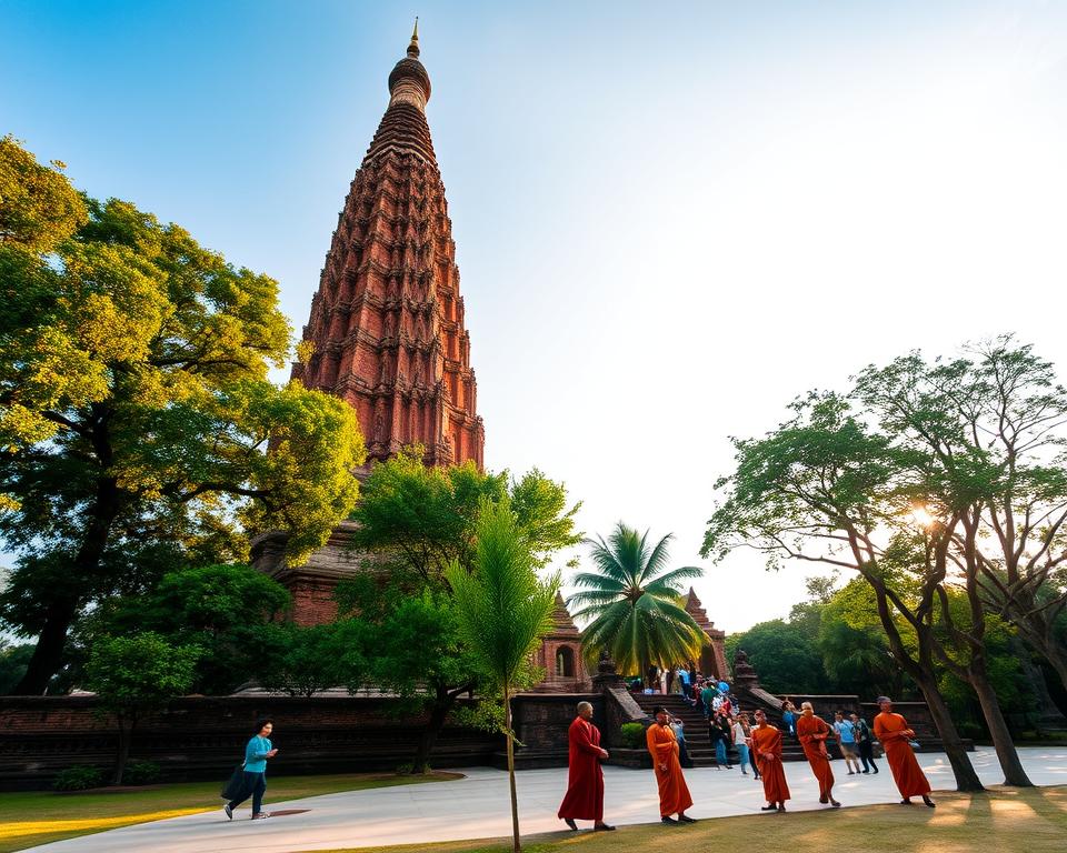 Wat Chedi Luang in Chiang Mai, Thailand, stands majestically in the foreground, showcasing its grand Lanna architectural style with intricate carvings and weathered brick walls. The temple’s towering chedi, partially collapsed but still imposing, dominates the scene, surrounded by lush green trees. In the middle ground, local visitors and monks in modest, traditional attire can be seen exploring the temple grounds, enhancing the sense of culture and history. The background is filled with a clear blue sky, softly lit by the warm glow of the late afternoon sun, casting gentle shadows on the stone. Capture the serene atmosphere of spirituality and historical significance, with a wide-angle lens perspective that draws the viewer into the heart of this cultural landmark. Wat Chedi Luang in Chiang Mai, Thailand, stands majestically in the foreground, showcasing its grand Lanna architectural style with intricate carvings and weathered brick walls. The temple’s towering chedi, partially collapsed but still imposing, dominates the scene, surrounded by lush green trees. In the middle ground, local visitors and monks in modest, traditional attire can be seen exploring the temple grounds, enhancing the sense of culture and history. The background is filled with a clear blue sky, softly lit by the warm glow of the late afternoon sun, casting gentle shadows on the stone. Capture the serene atmosphere of spirituality and historical significance, with a wide-angle lens perspective that draws the viewer into the heart of this cultural landmark.